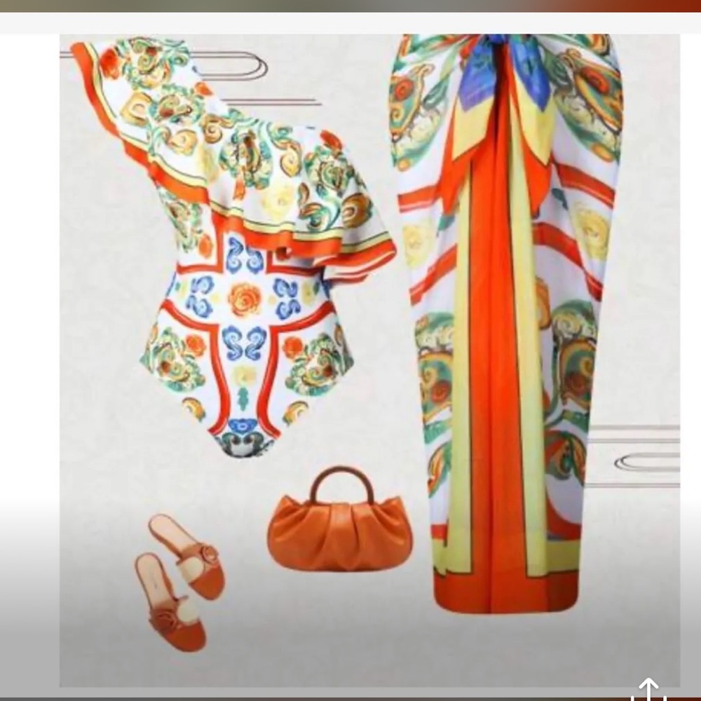 Colorful One-Shoulder Swimsuit and Sarong Set
